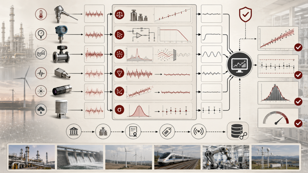 Institutional systems-research illustration of sensor calibration, noise filtering, measurement validation, uncertainty analysis, and data integrity across industrial and environmental sensor systems.