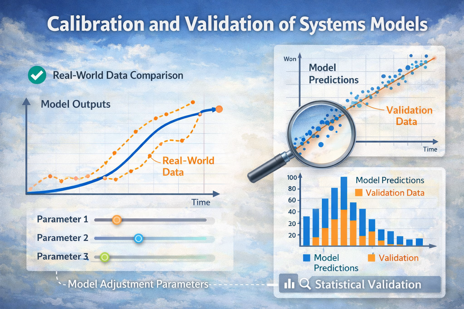 Infographic showing calibration and validation of systems models by comparing model outputs with real-world data and validation metrics.