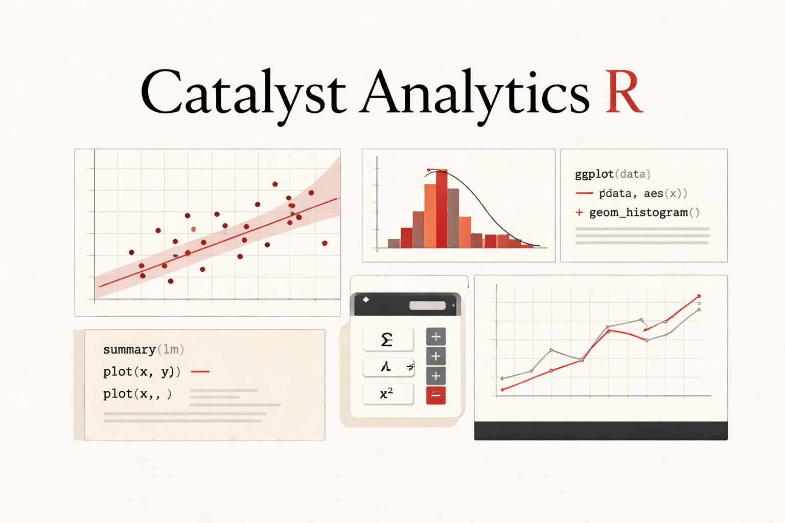 Illustration showing Catalyst Analytics R with statistical charts, modeling outputs, code snippets, and analytical visualizations in a black, cream, white, and red palette.