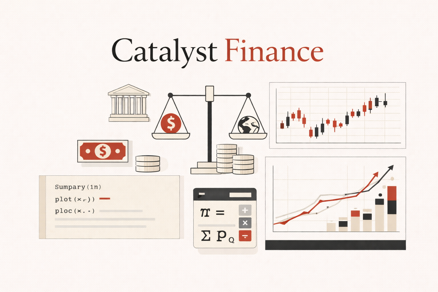 Illustration showing Catalyst Finance with economic charts, institutional symbols, balance scales, calculator functions, and financial analysis visuals in a black, cream, white, and red palette.