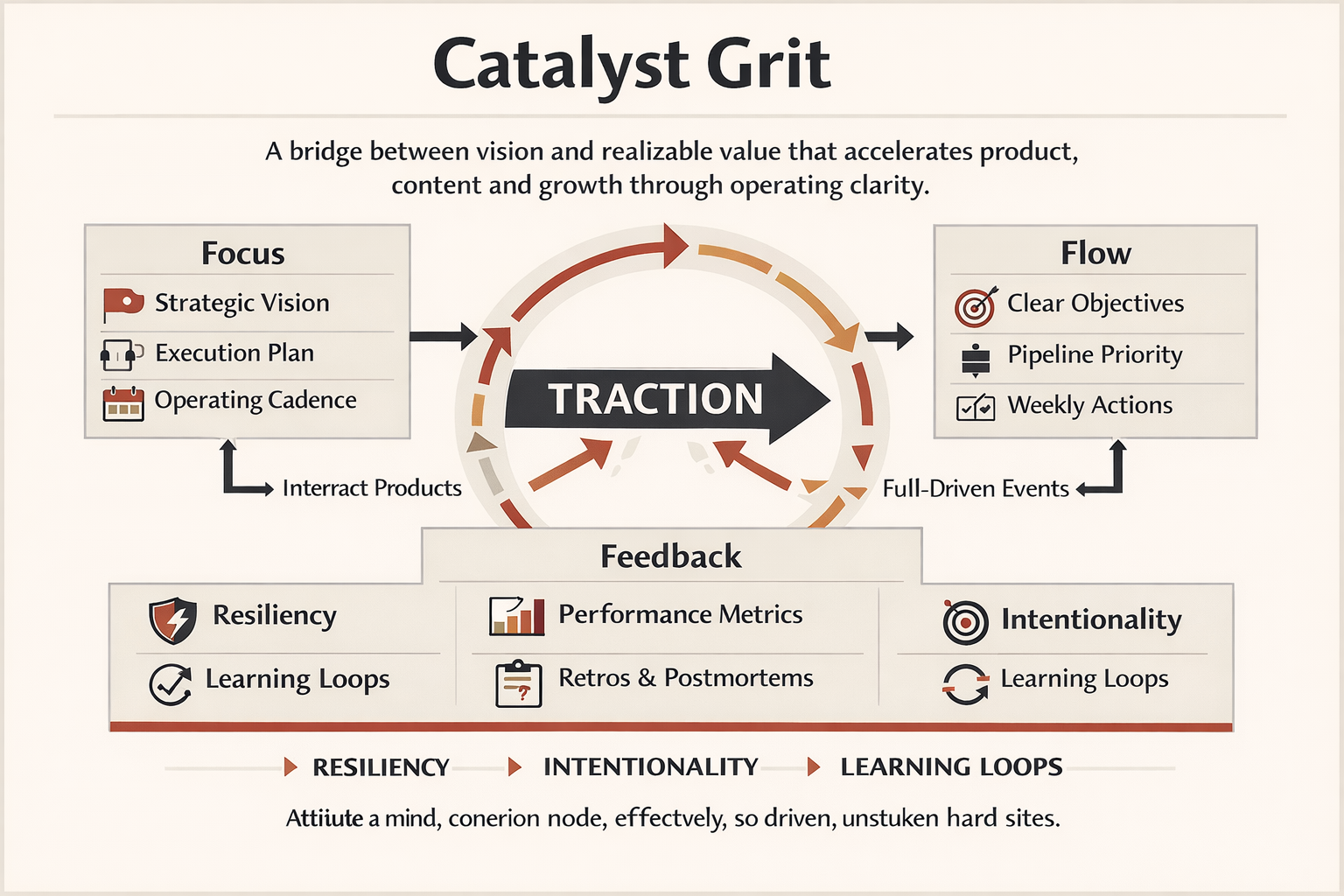Infographic showing Catalyst Grit with focus, flow, feedback, resiliency, intentionality, and learning loops organized around traction and operating clarity.
