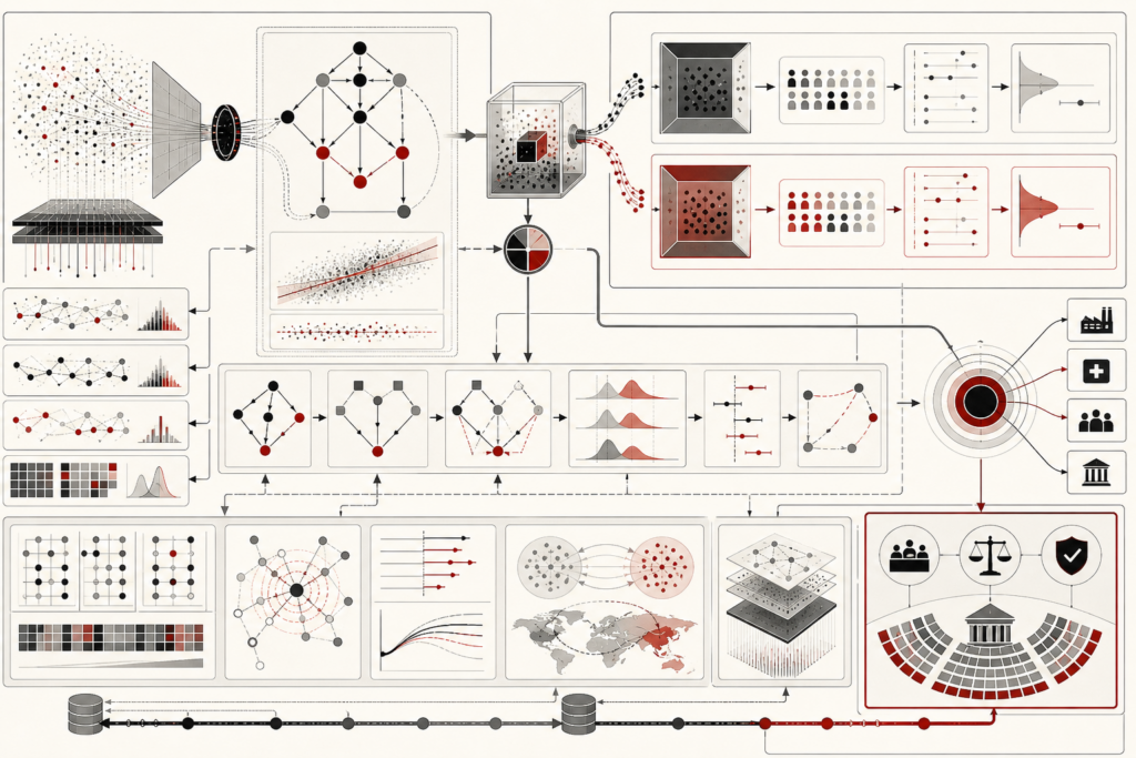 Abstract editorial illustration showing causal inference in AI systems through observational data, causal diagrams, randomized experiment branches, treatment and control pathways, counterfactual structures, adjustment methods, external-validity bridges, and governance oversight.