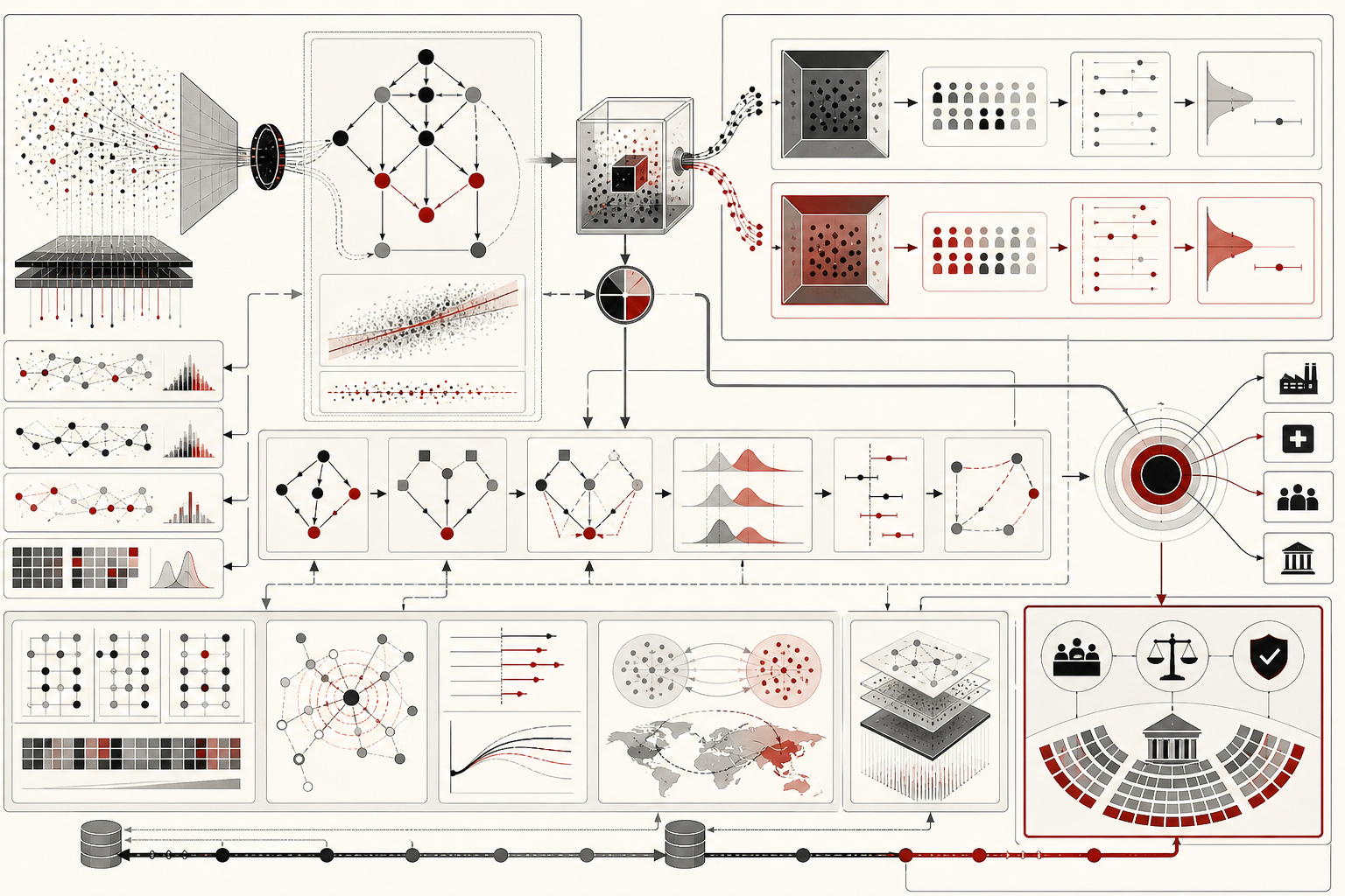 Abstract editorial illustration showing causal inference in AI systems through observational data, causal diagrams, randomized experiment branches, treatment and control pathways, counterfactual structures, adjustment methods, external-validity bridges, and governance oversight.