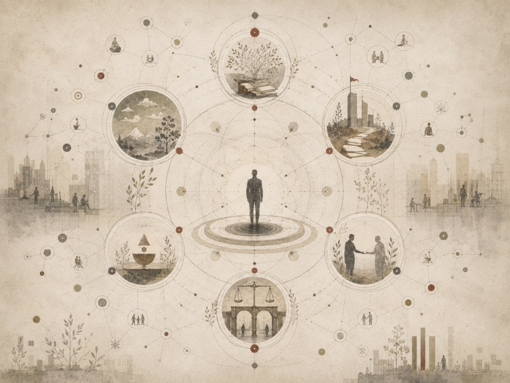 Restrained academic illustration of a central human figure surrounded by six interconnected virtue domains, symbolic scenes, civic structures, botanical motifs, and character-strength networks.