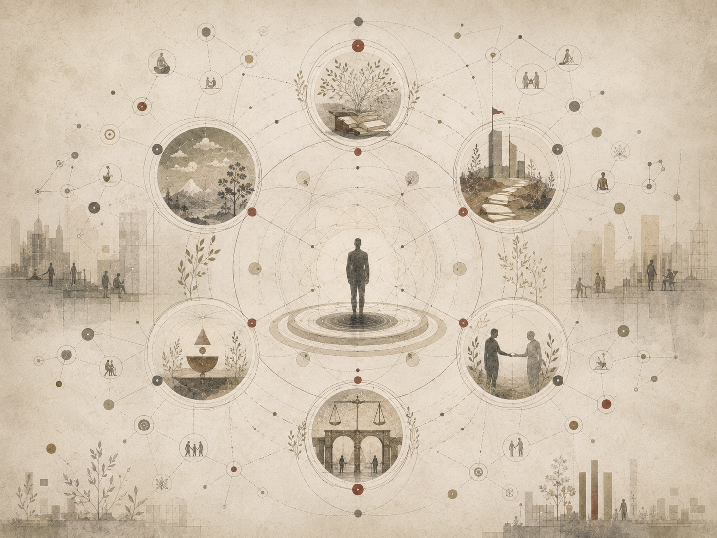 Restrained academic illustration of a central human figure surrounded by six interconnected virtue domains, symbolic scenes, civic structures, botanical motifs, and character-strength networks.