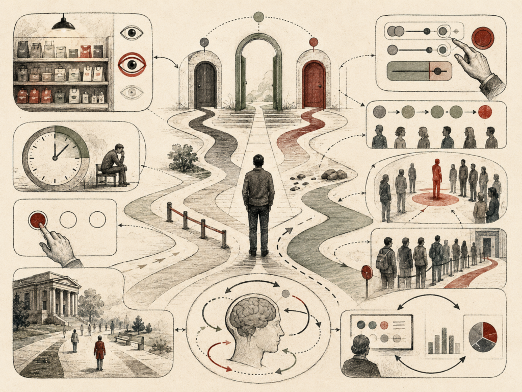 Editorial systems illustration showing a person navigating structured decision paths shaped by defaults, options, timing, social cues, interface controls, institutional settings, and feedback loops.