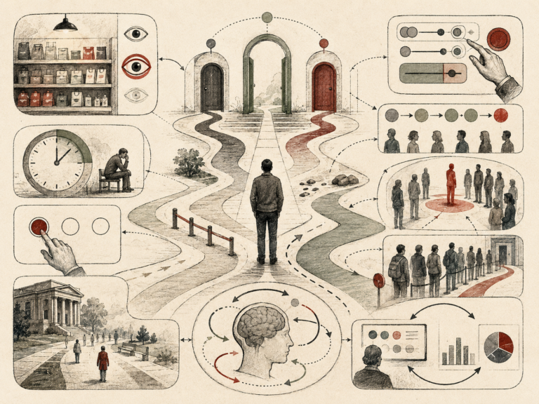 Editorial systems illustration showing a person navigating structured decision paths shaped by defaults, options, timing, social cues, interface controls, institutional settings, and feedback loops.