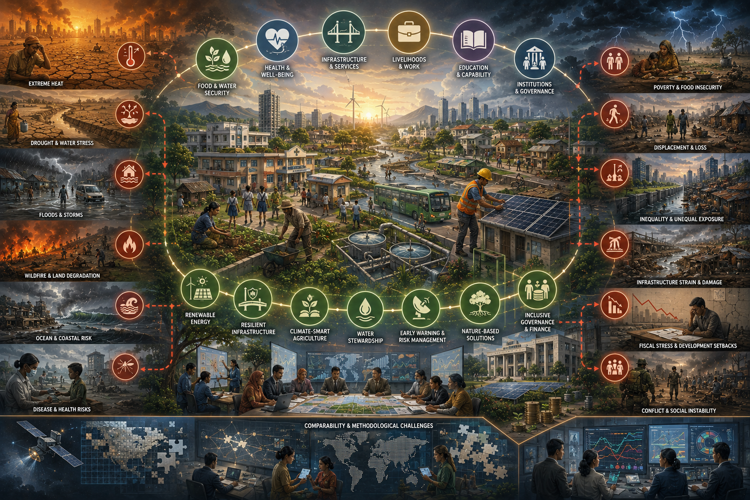 Abstract sustainability illustration of climate change as a development constraint, showing habitability, food and water stress, health risks, infrastructure strain, poverty, unequal exposure, adaptation, mitigation, governance, and climate-resilient development.