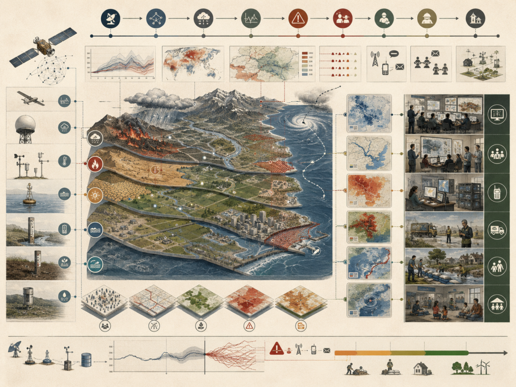 Climate early warning systems diagram showing satellites, weather stations, hazard forecasts, risk maps, alert pathways, emergency coordination, and protective action.