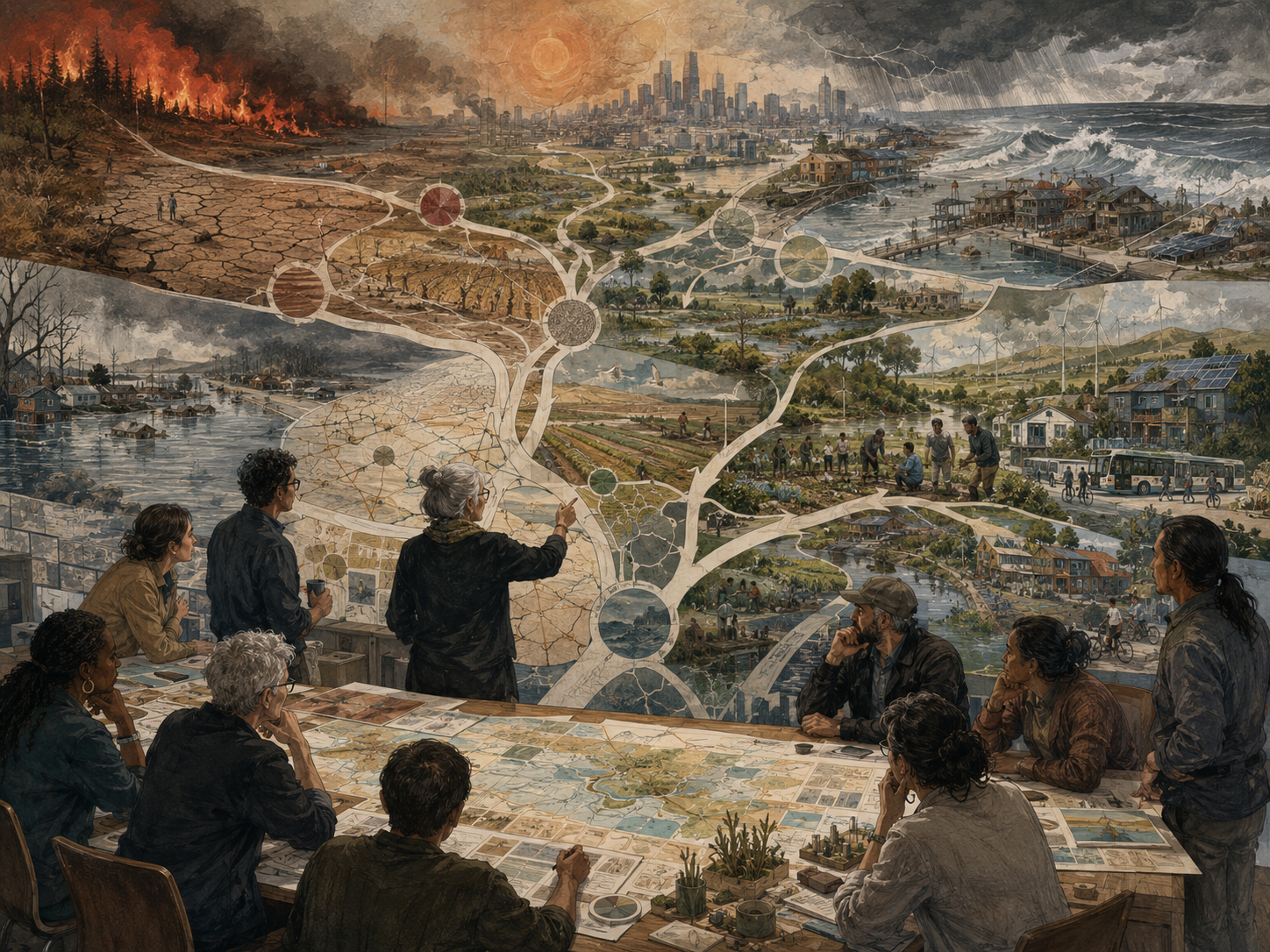 A foresight group examines branching climate futures across wildfire, drought, flooding, coastal risk, cities, farms, renewable energy, and ecological restoration.