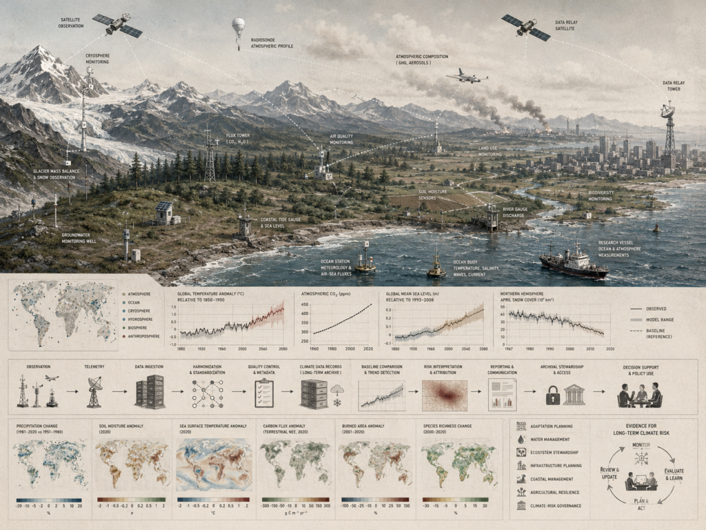 Restrained climate monitoring infrastructure diagram showing satellites, glacier stations, flux towers, ocean buoys, river gauges, coastal sensors, climate baselines, trend records, and long-term risk interpretation.