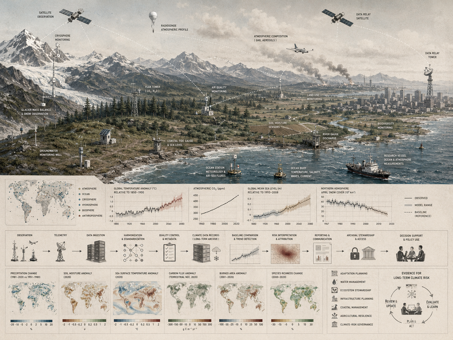Restrained climate monitoring infrastructure diagram showing satellites, glacier stations, flux towers, ocean buoys, river gauges, coastal sensors, climate baselines, trend records, and long-term risk interpretation.