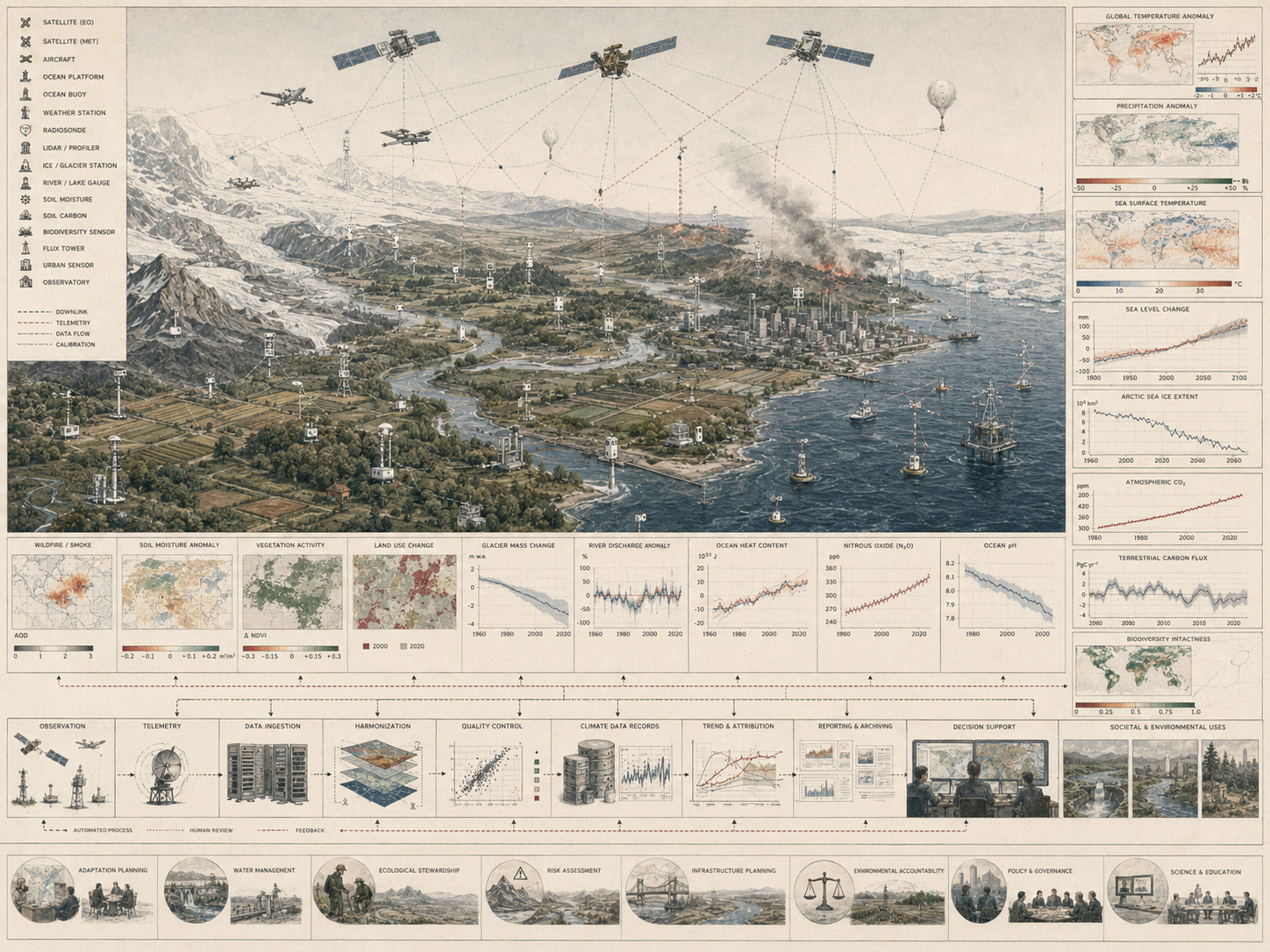 Restrained climate monitoring diagram showing satellites, cryosphere stations, weather stations, ocean buoys, flux towers, river gauges, climate indicators, long-term trend records, and environmental decision-support pathways.