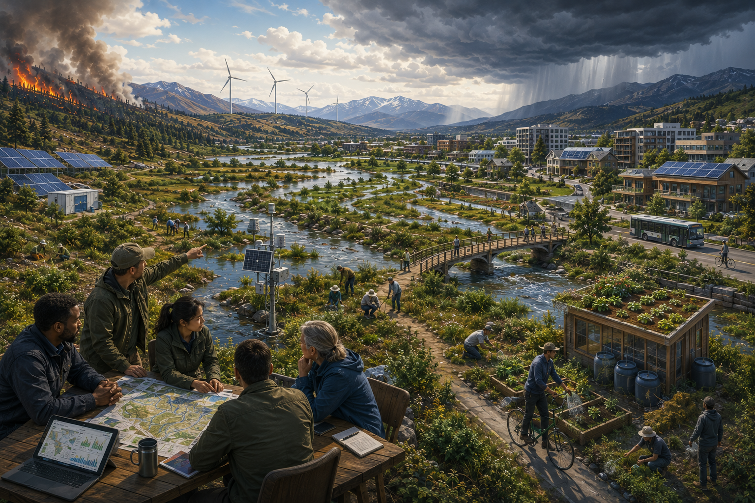 Panoramic illustration of a climate-resilient community with wetlands, renewable energy, green infrastructure, public transit, restoration work, storm clouds, wildfire, and planners reviewing maps.