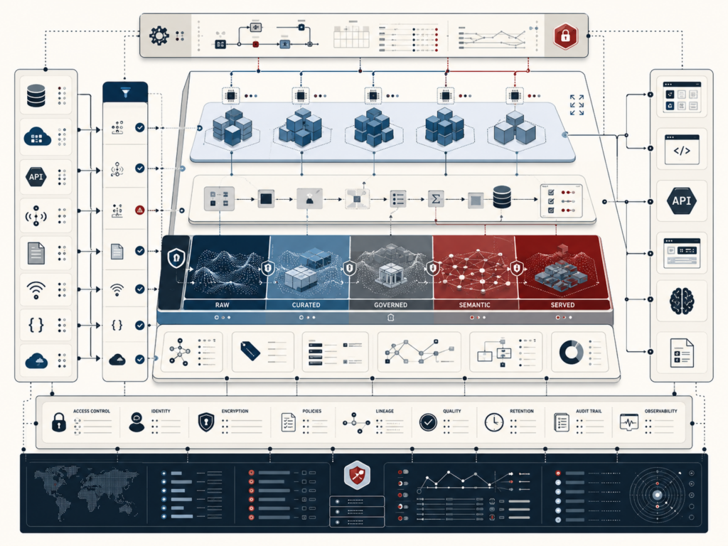 Conceptual systems illustration of a governed cloud data platform connecting source systems, ingestion pipelines, layered storage, elastic compute, orchestration, metadata, lineage, semantic layers, analytics, APIs, and AI workloads.