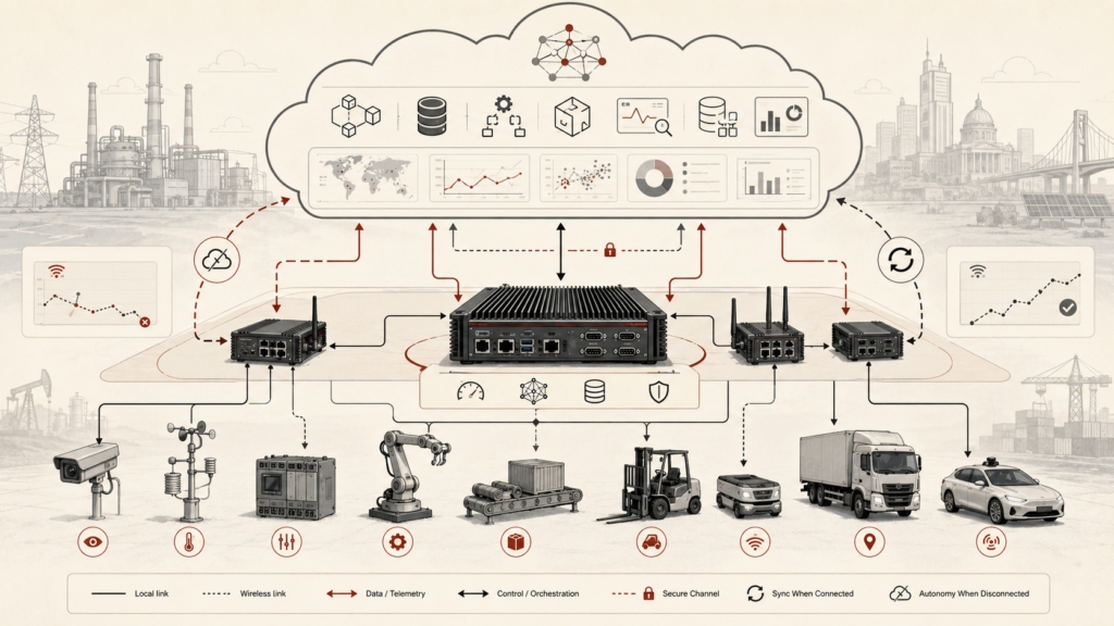 Institutional systems-research illustration of cloud-edge coordination connecting cloud services, edge gateways, local devices, sensors, robotics, vehicles, and secure synchronization pathways.