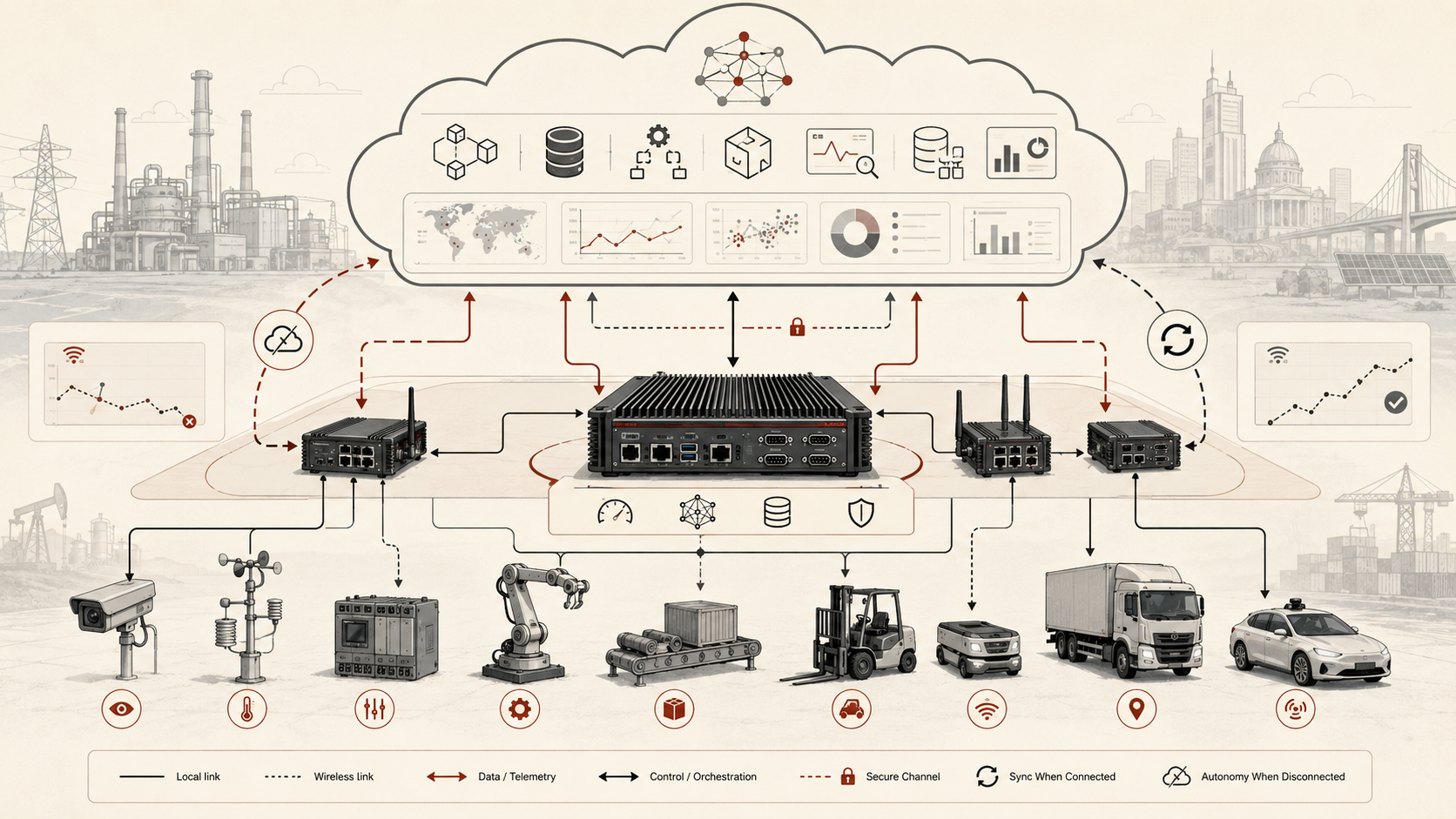 Institutional systems-research illustration of cloud-edge coordination connecting cloud services, edge gateways, local devices, sensors, robotics, vehicles, and secure synchronization pathways.