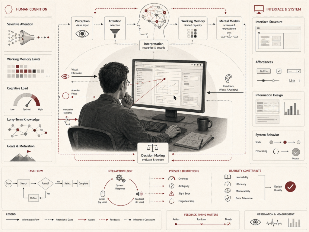Research-grade human-computer interaction diagram showing a user working with a digital interface while perception, attention, working memory, mental models, decision-making, feedback, task flow, usability constraints, and system behavior shape the interaction.