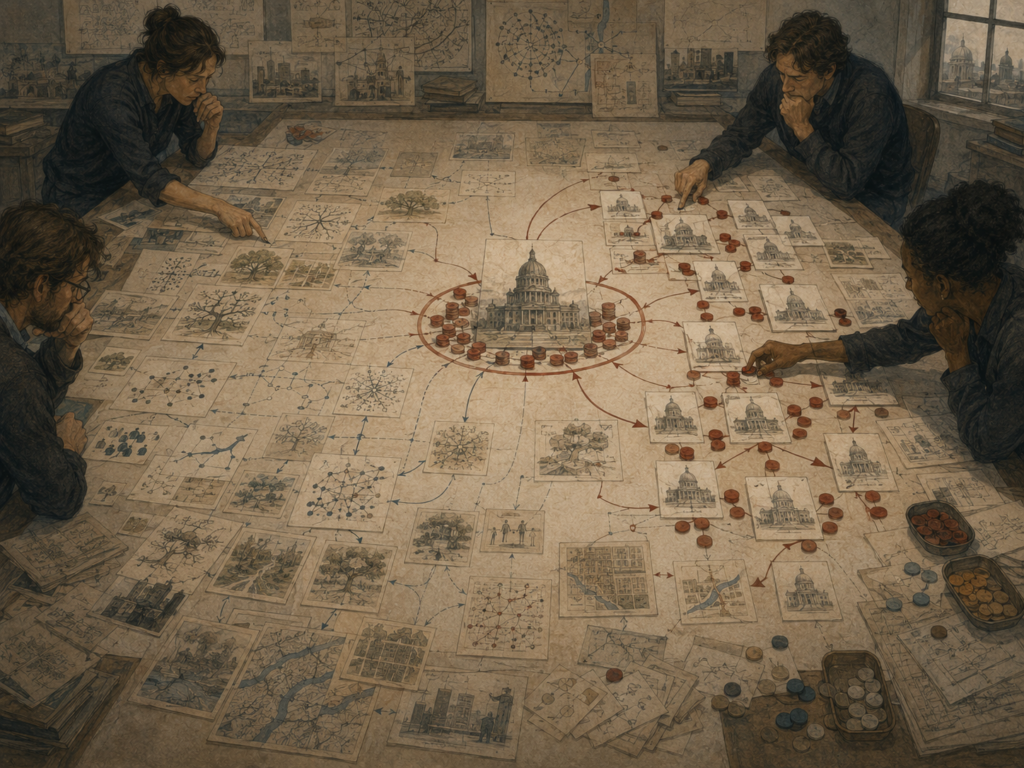 Strategists study a planning table where one dominant idea receives repeated attention while alternative concepts, evidence, and pathways remain underexplored.