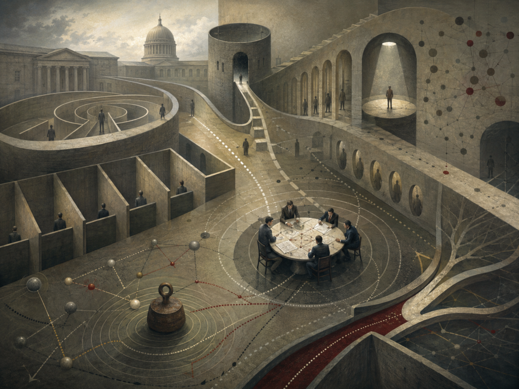 Restrained institutional illustration of decision-makers seated within a labyrinth of civic structures, shadowed corridors, weighted signals, and network pathways representing cognitive bias in institutional decisions.