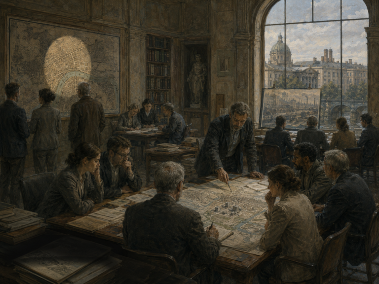 Restrained institutional illustration of decision-makers gathered around maps and records in a dim civic chamber, with selective light suggesting narrowed attention and bias.