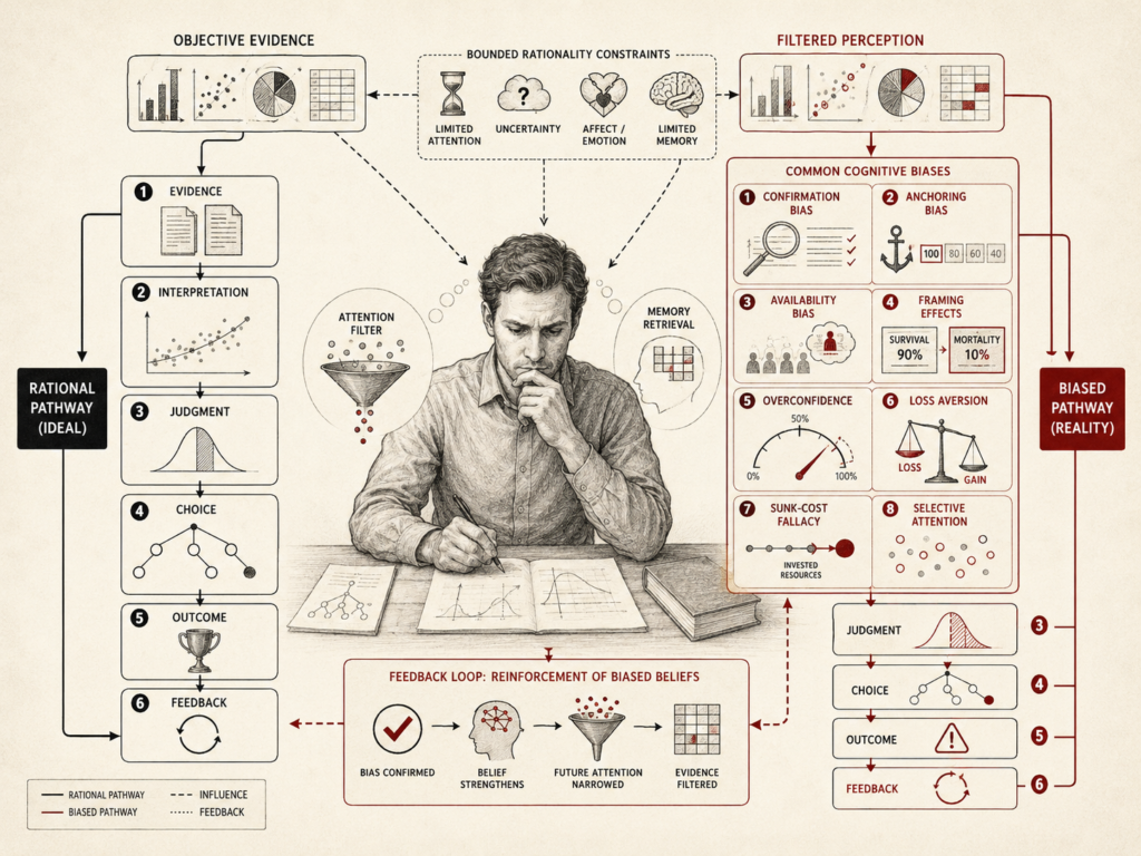 Research-grade cognitive psychology diagram showing how objective evidence becomes filtered by attention, uncertainty, emotion, memory, and common cognitive biases, leading human judgment away from an ideal rational pathway.