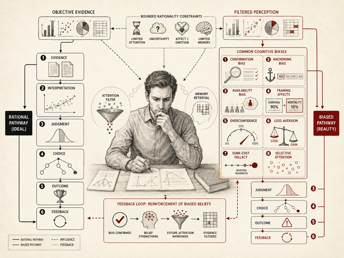 Research-grade cognitive psychology diagram showing how objective evidence becomes filtered by attention, uncertainty, emotion, memory, and common cognitive biases, leading human judgment away from an ideal rational pathway.