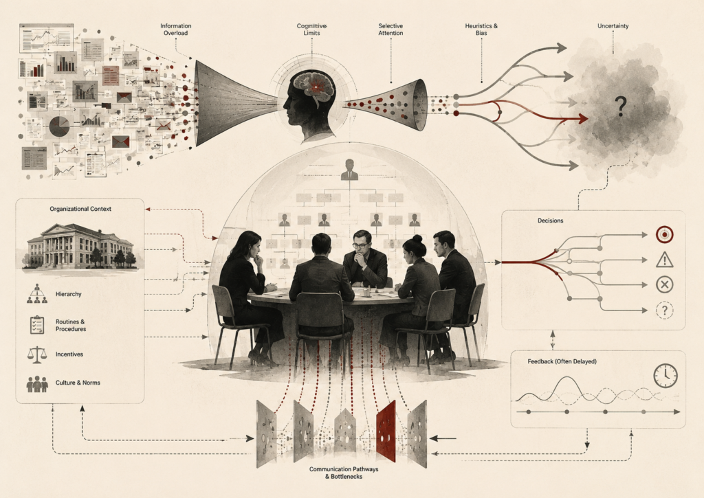 Institutional research illustration showing organizational decision making shaped by information overload, cognitive limits, selective attention, heuristics, uncertainty, feedback delays, hierarchy, routines, incentives, and communication bottlenecks.