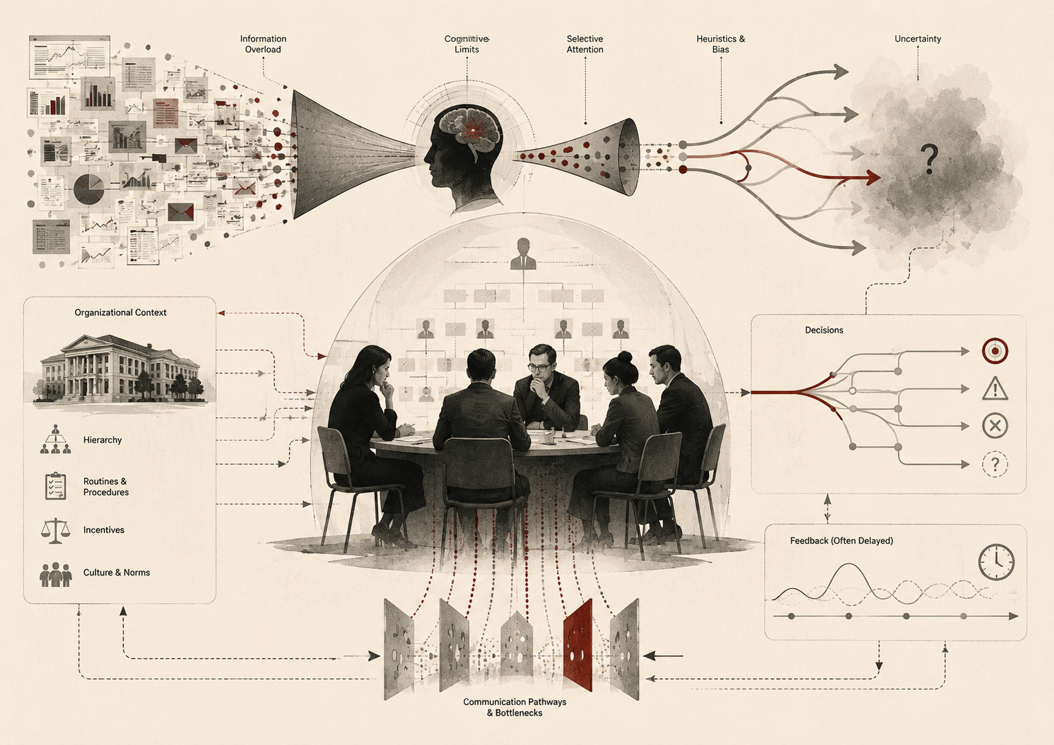 Institutional research illustration showing organizational decision making shaped by information overload, cognitive limits, selective attention, heuristics, uncertainty, feedback delays, hierarchy, routines, incentives, and communication bottlenecks.
