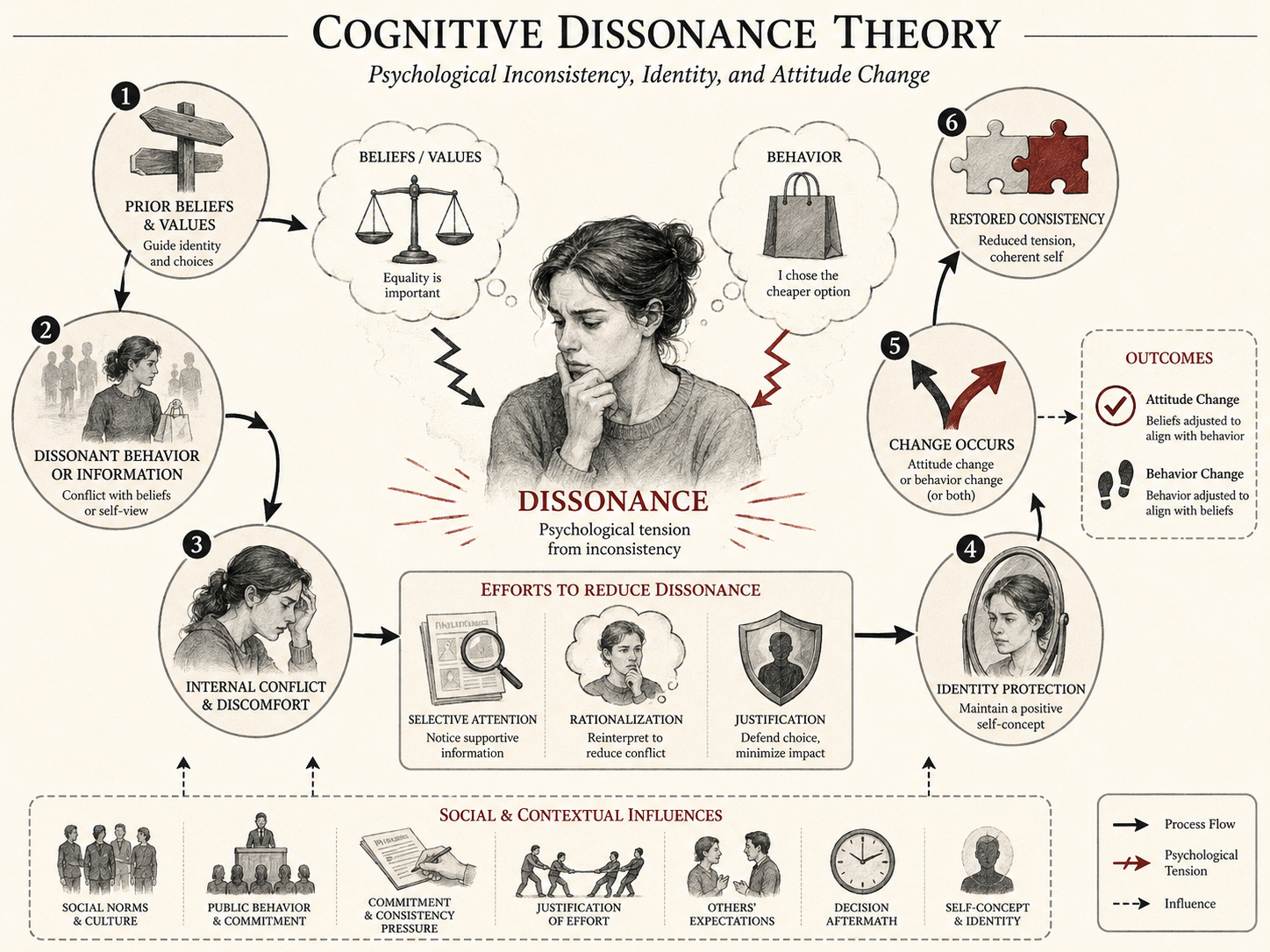 Restrained institutional research illustration showing cognitive dissonance as psychological tension between beliefs, values, behavior, and identity, leading to discomfort, rationalization, selective attention, justification, attitude change, behavior change, and restored consistency.