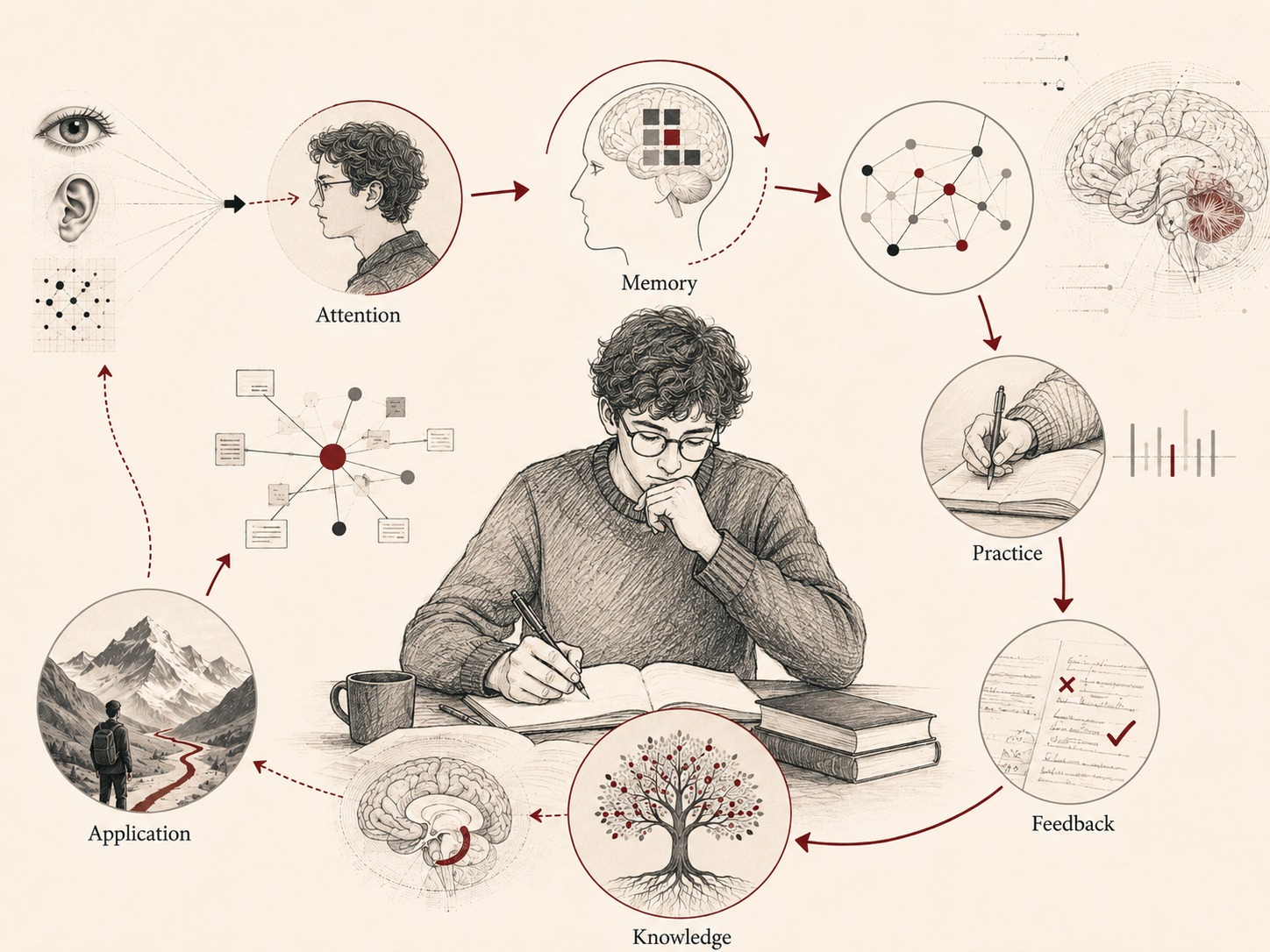 Restrained institutional illustration showing cognitive learning as a cycle of attention, memory, practice, feedback, knowledge formation, and real-world application around a central learner.