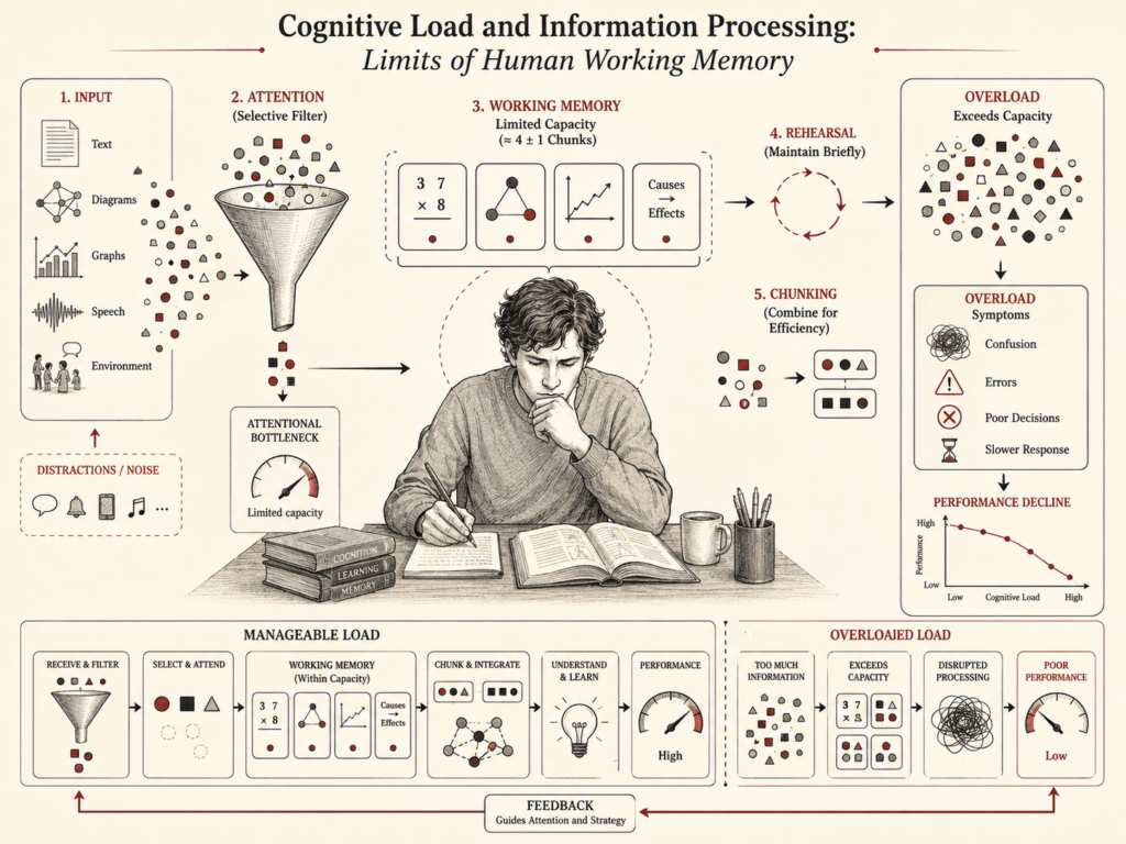 Research-grade cognitive psychology diagram showing cognitive load and working memory limits through input, attention, selective filtering, limited-capacity working memory, rehearsal, chunking, overload, symptoms, performance decline, and feedback.