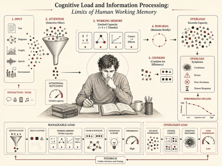 Research-grade cognitive psychology diagram showing cognitive load and working memory limits through input, attention, selective filtering, limited-capacity working memory, rehearsal, chunking, overload, symptoms, performance decline, and feedback.