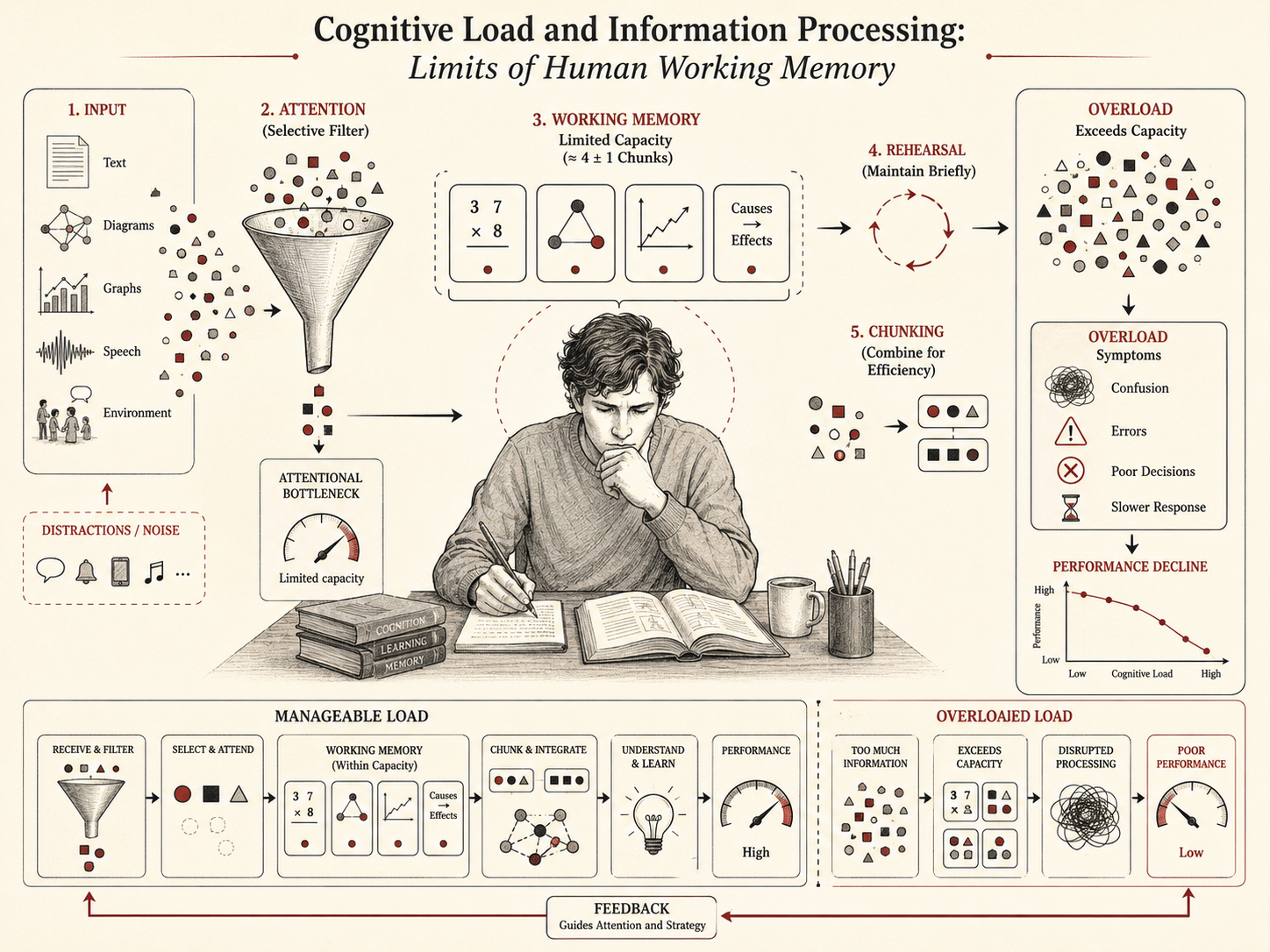 Research-grade cognitive psychology diagram showing cognitive load and working memory limits through input, attention, selective filtering, limited-capacity working memory, rehearsal, chunking, overload, symptoms, performance decline, and feedback.