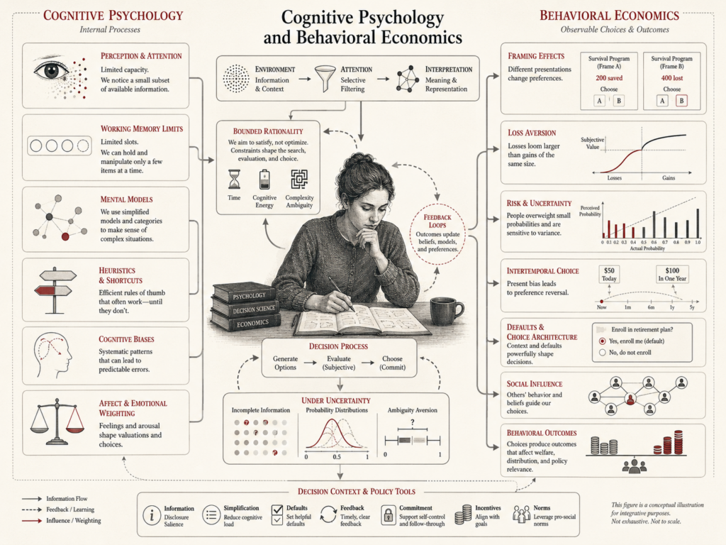 Research-grade conceptual diagram showing how cognitive psychology processes such as perception, attention, memory limits, heuristics, bounded rationality, bias, emotion, and mental models shape behavioral economics outcomes including framing effects, loss aversion, risk perception, intertemporal choice, defaults, social influence, and policy-relevant decisions.