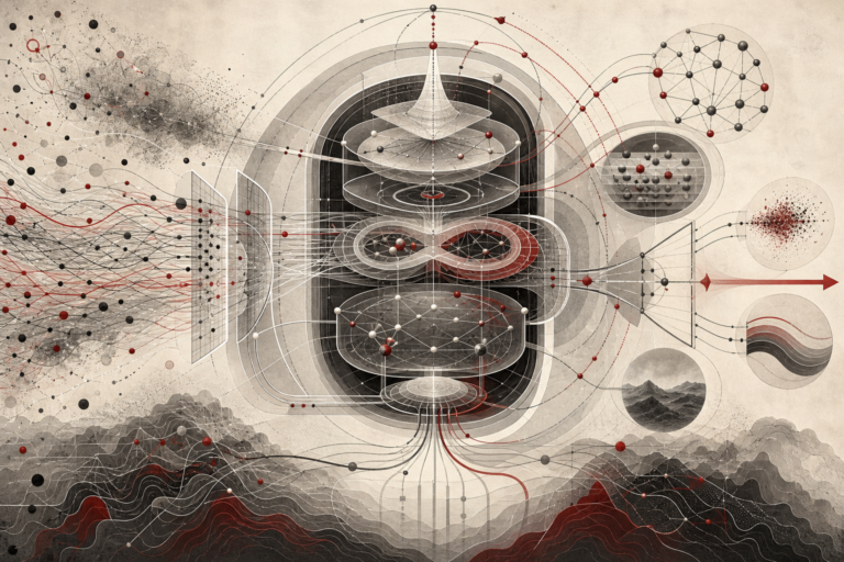 Editorial scientific illustration of cognitive psychology as an integrated information-processing system, showing sensory input streams, attentional filters, memory chambers, reasoning pathways, decision gates, cognitive load, and abstract network structures.