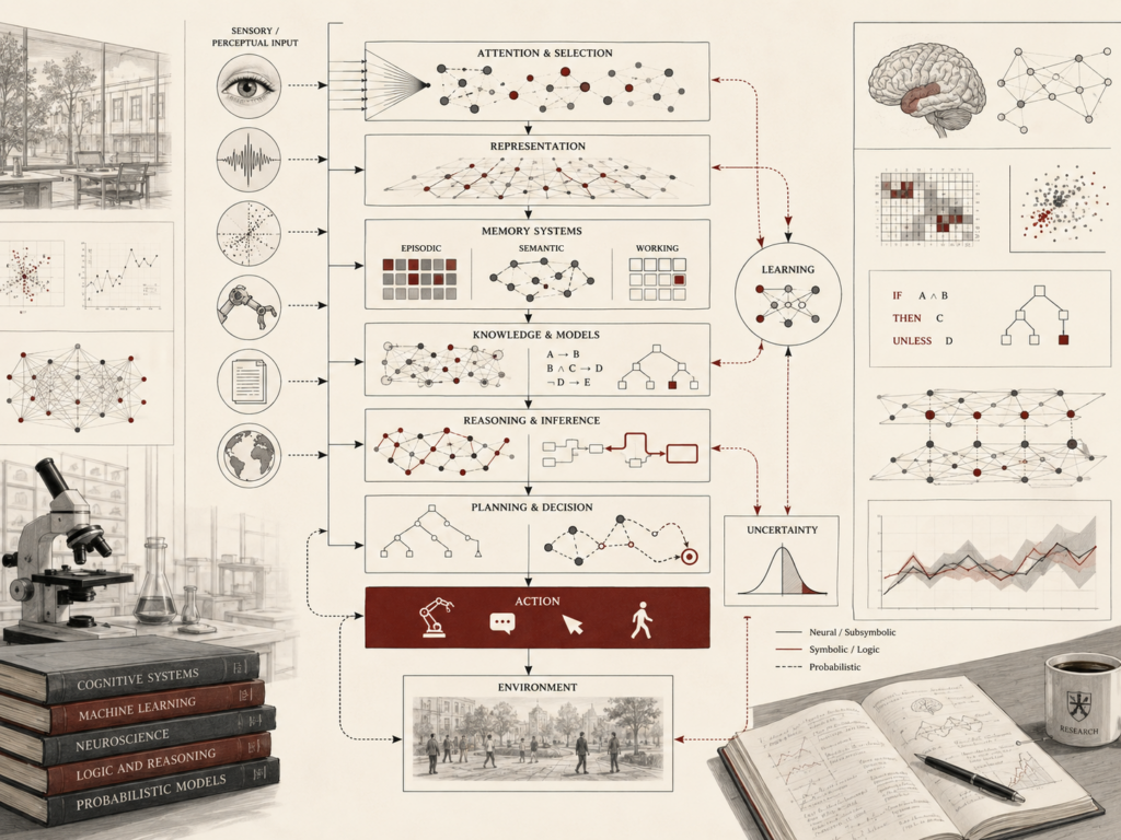 Research-grade cognitive architecture diagram showing AI systems that connect perception, attention, representation, memory, learning, reasoning, planning, uncertainty, action, and environmental feedback.
