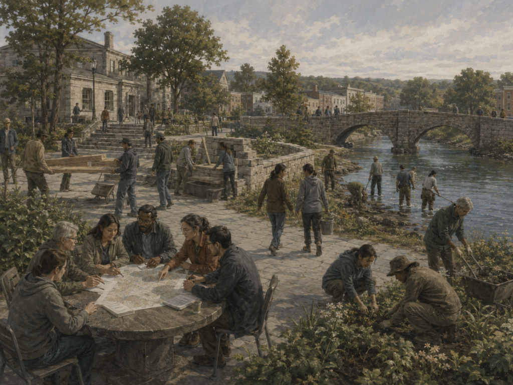 Restrained civic illustration of people working together near a river, public buildings, gardens, stone pathways, and shared community infrastructure.