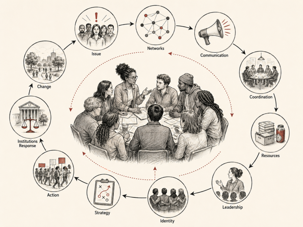 Restrained institutional research illustration showing collective action as a cycle of issue recognition, social networks, communication, coordination, resources, leadership, identity, strategy, action, institutional response, and social change.