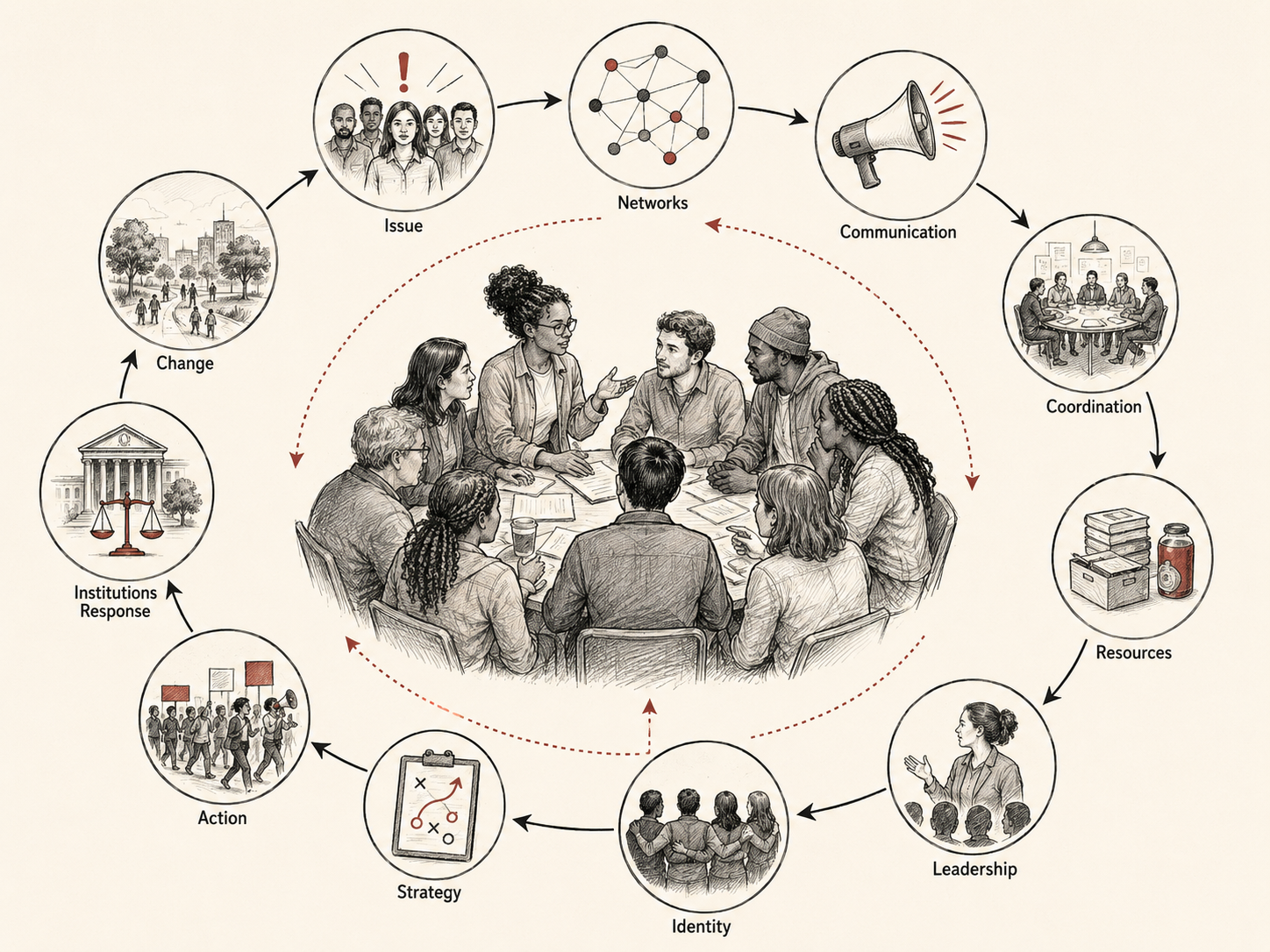 Restrained institutional research illustration showing collective action as a cycle of issue recognition, social networks, communication, coordination, resources, leadership, identity, strategy, action, institutional response, and social change.