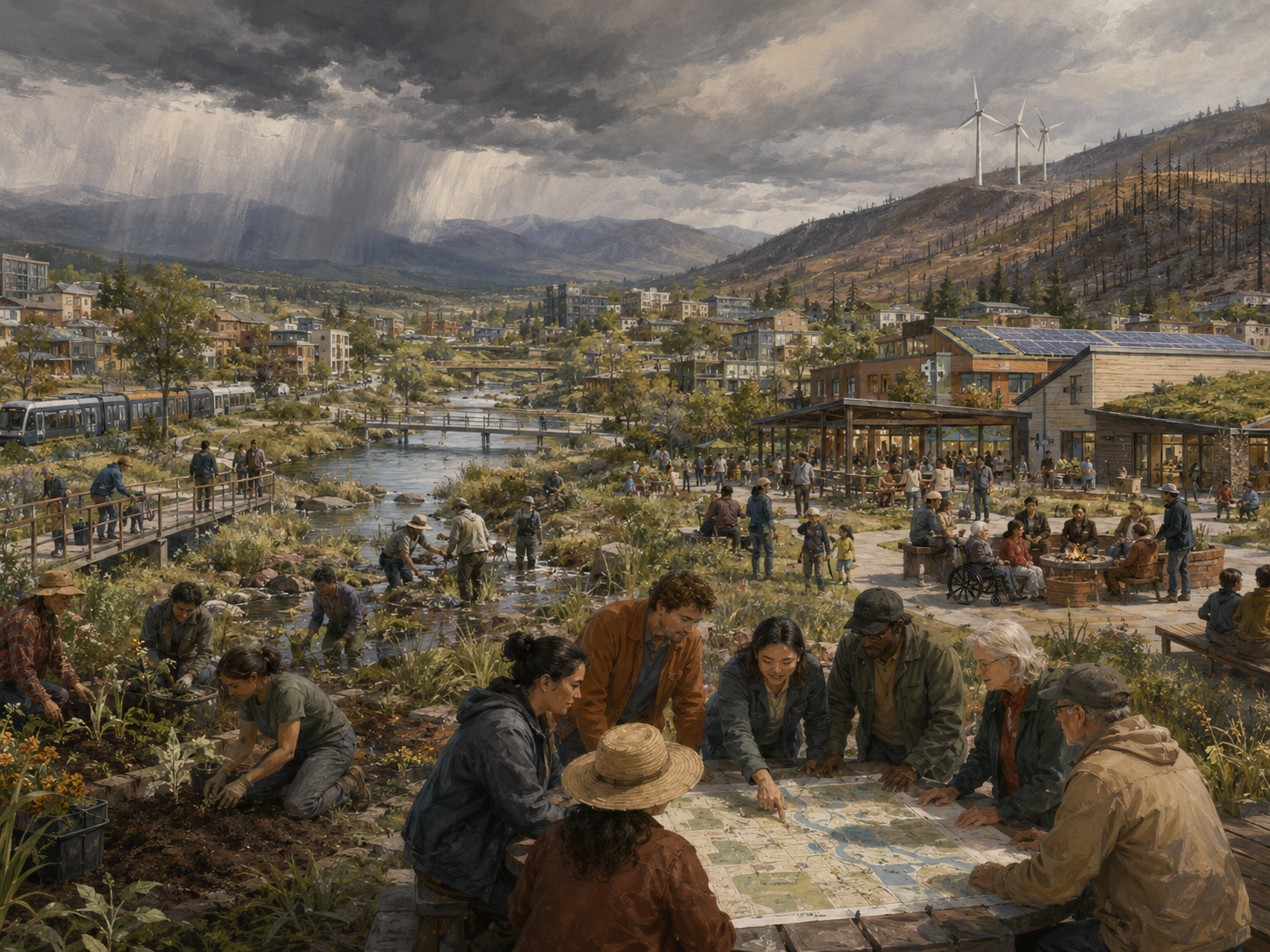 Panoramic illustration of a resilient community with residents, planners, restoration workers, public gathering spaces, transit, wetlands, renewable energy, storm clouds, and recovering hillsides.