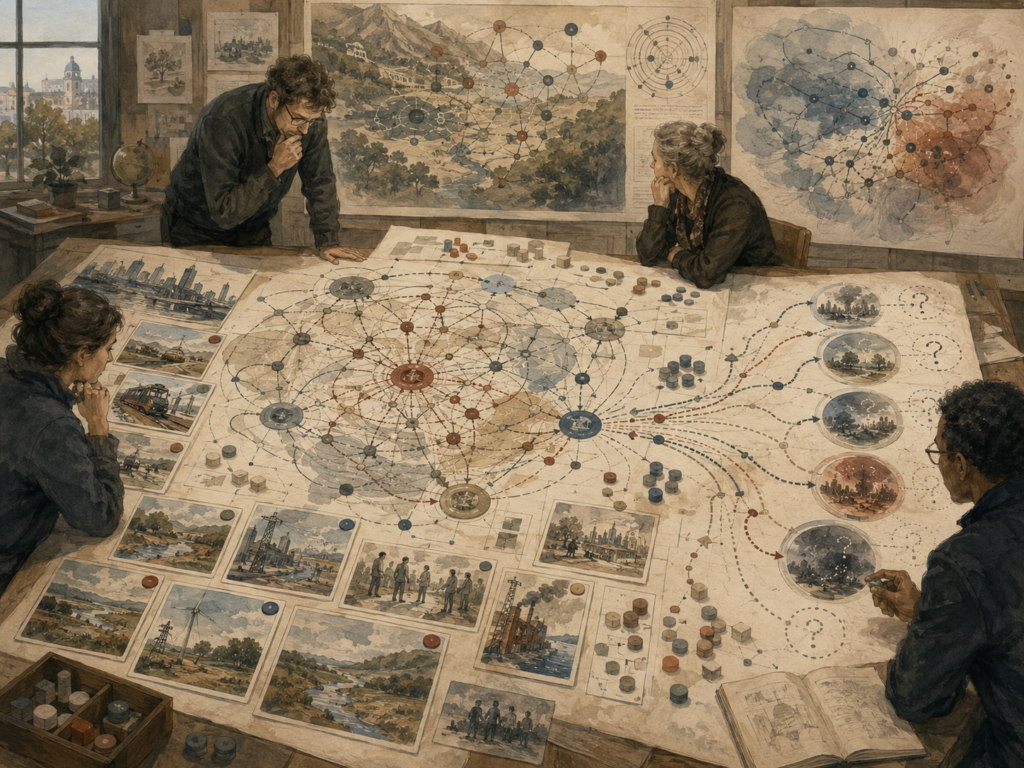 Analysts study dense systems maps, scenario pathways, feedback loops, risk cards, and uncertain future outcomes on a large planning table.