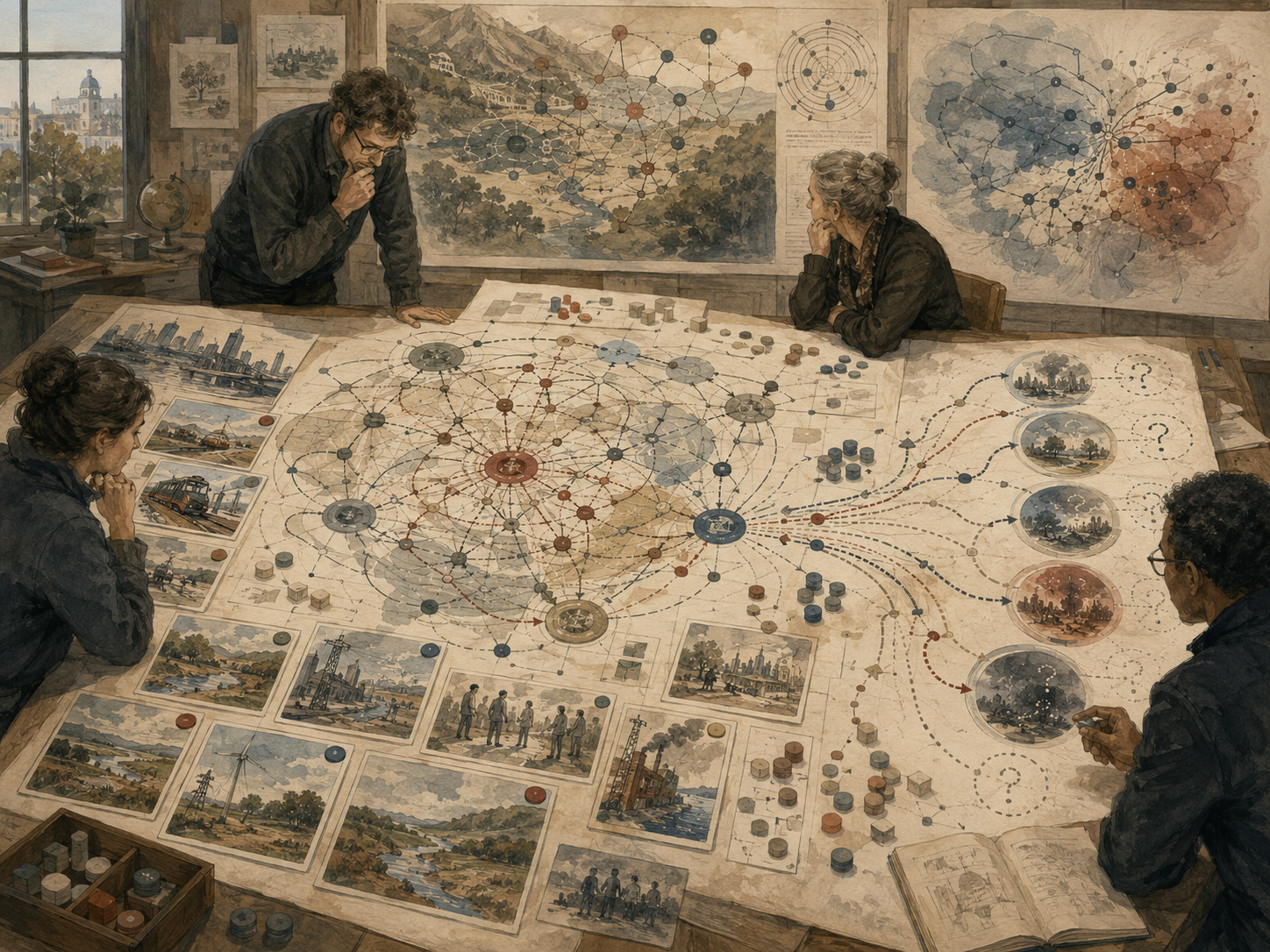 Analysts study dense systems maps, scenario pathways, feedback loops, risk cards, and uncertain future outcomes on a large planning table.
