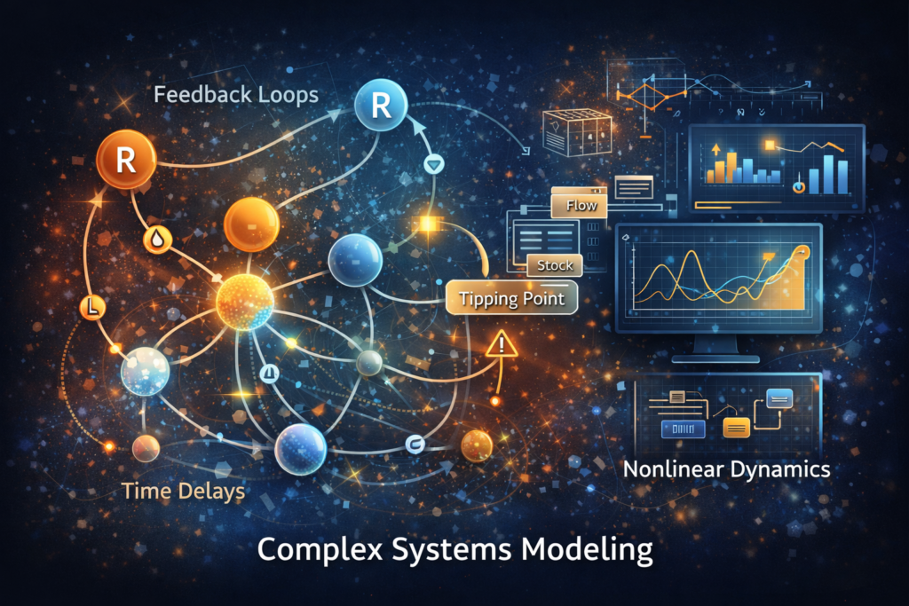 Illustration of complex systems modeling showing interconnected nodes, feedback loops, tipping points, time delays, and nonlinear dynamics used to analyze system behavior.