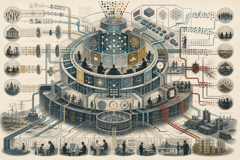 Editorial illustration of artificial intelligence systems shown as a layered sociotechnical architecture, with a central AI governance core connected to data pipelines, model structures, human oversight, institutional review, infrastructure, public systems, and societal impact pathways.