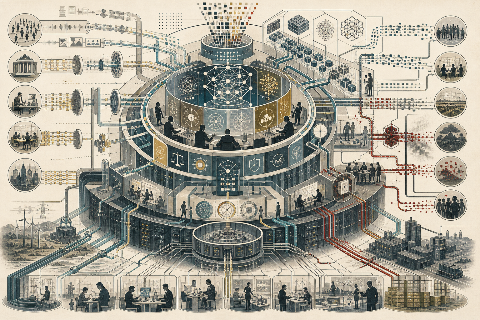 Editorial illustration of artificial intelligence systems shown as a layered sociotechnical architecture, with a central AI governance core connected to data pipelines, model structures, human oversight, institutional review, infrastructure, public systems, and societal impact pathways.