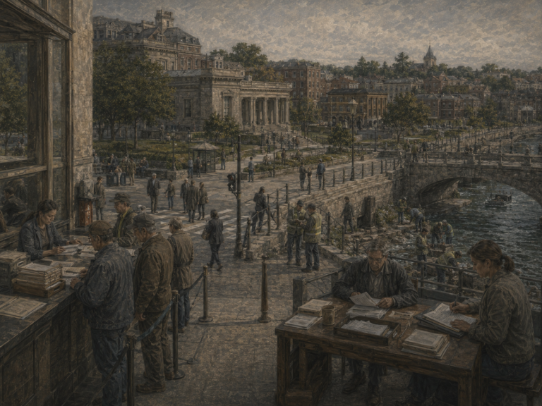 Restrained civic illustration of people completing forms, waiting in orderly lines, reviewing documents, and following public procedures near institutional buildings and shared infrastructure.