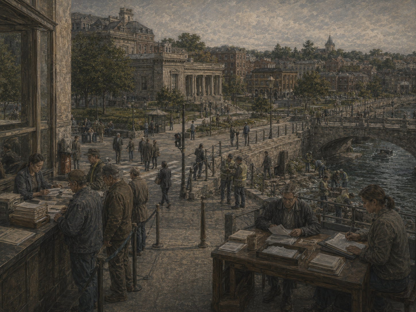 Restrained civic illustration of people completing forms, waiting in orderly lines, reviewing documents, and following public procedures near institutional buildings and shared infrastructure.