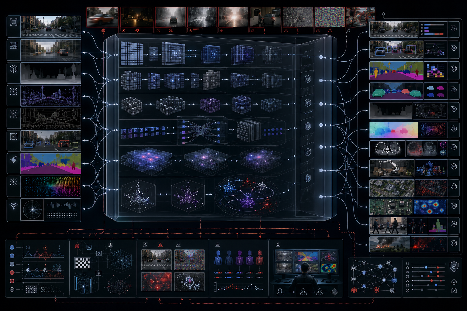 Computer vision and machine perception system showing image pixels, video frames, depth maps, convolution filters, feature maps, segmentation masks, bounding boxes, vision transformer layers, attention pathways, embeddings, robustness testing, human review, and audit controls.