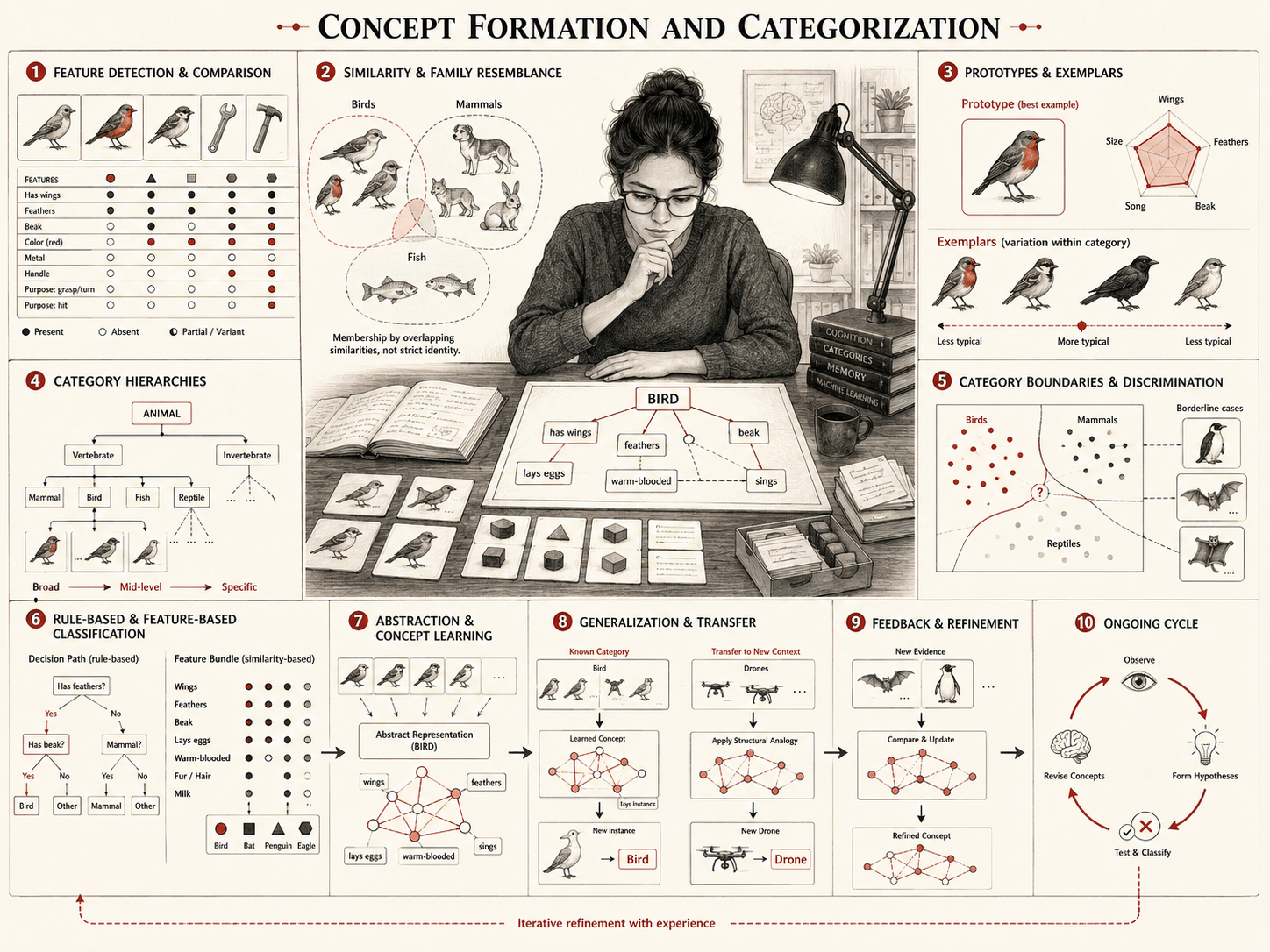 Research-grade cognitive science diagram showing concept formation and categorization through feature comparison, family resemblance, prototypes, exemplars, category hierarchies, boundaries, classification rules, abstraction, generalization, feedback, and refinement.